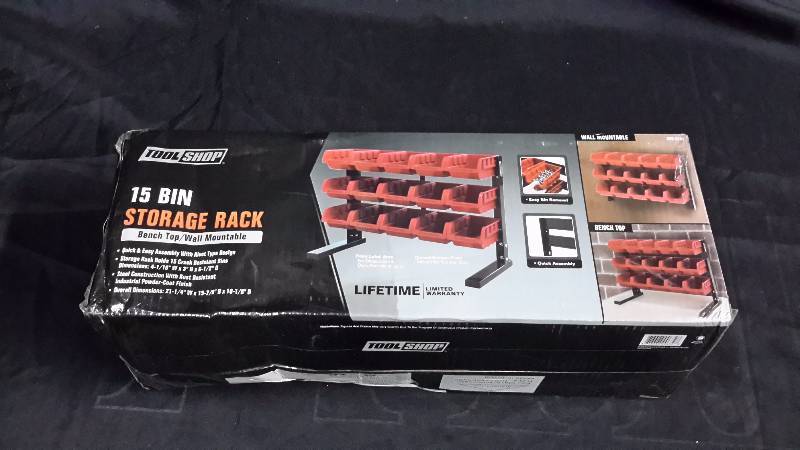 lot 58 image: Tool shop 15 bin storage rack-new in box