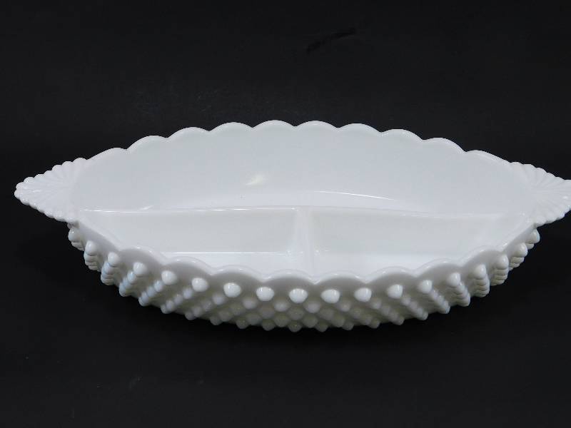 lot 3 image: Fenton Milk Glass Hobnail 12 Oval Handled Divided Relish DishTray