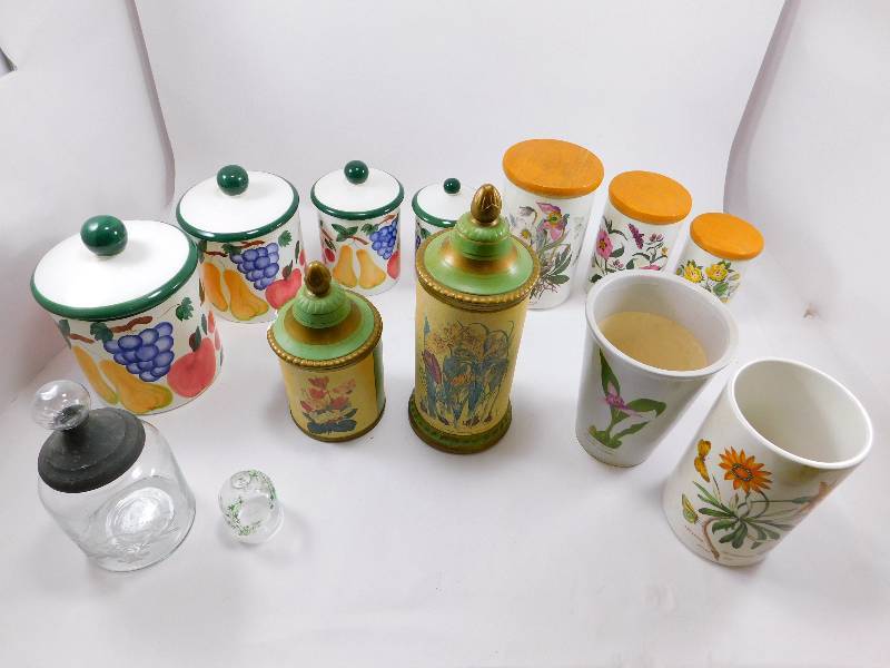 lot 30 image: Lot of Glass & Ceramic Canisters wLids and Planters plus more