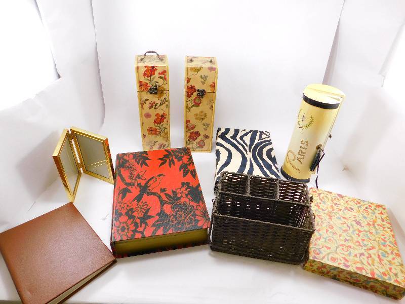 lot 31 image: Lot of Stash Books, Wine Boxes, Baskets, and more