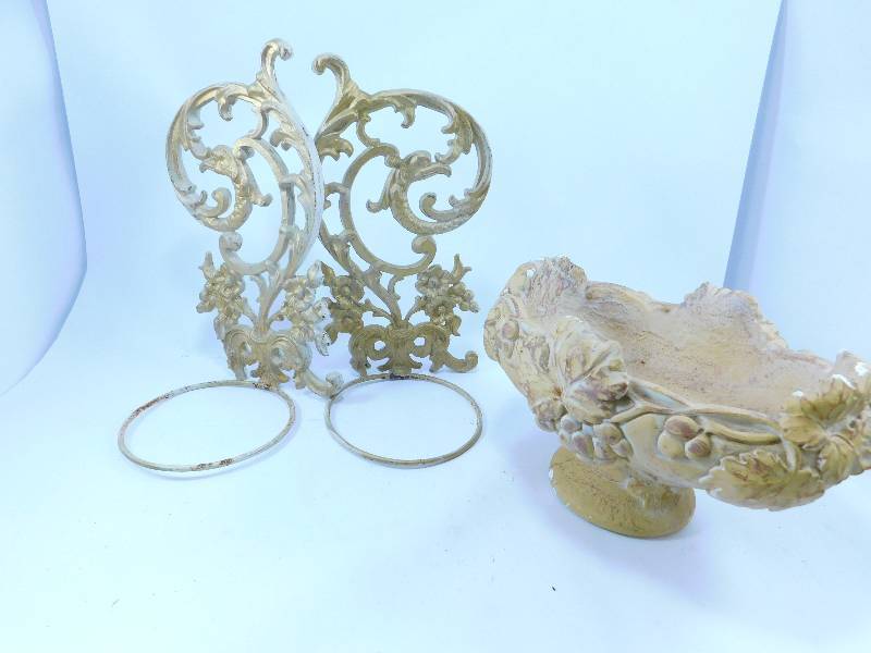 lot 37 image: Vintage Metal Flower Pot Holders and Ceramic Bowl
