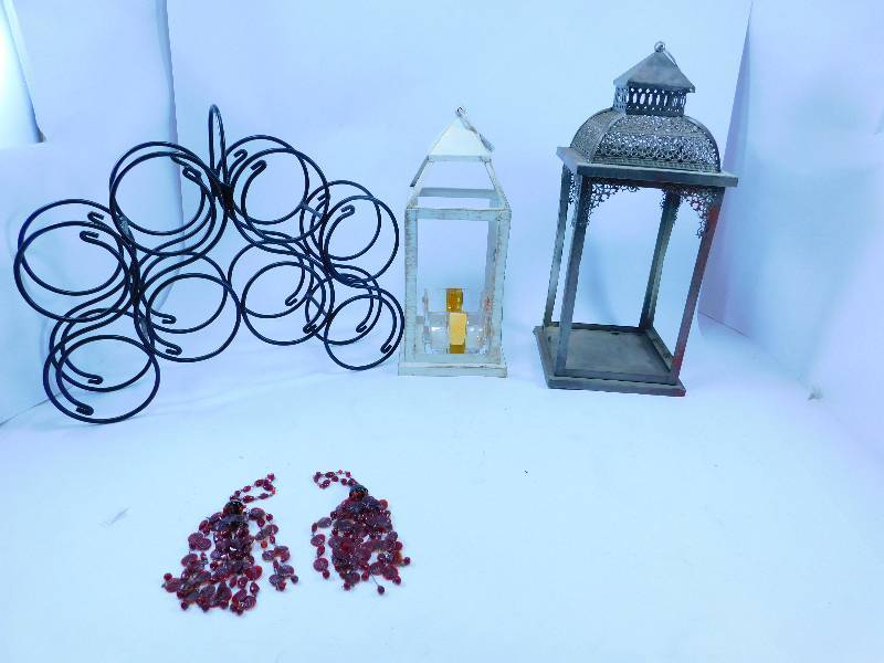 lot 38 image: Lot of Pier 1 Lanterns, Wine Holder, and Candleholder