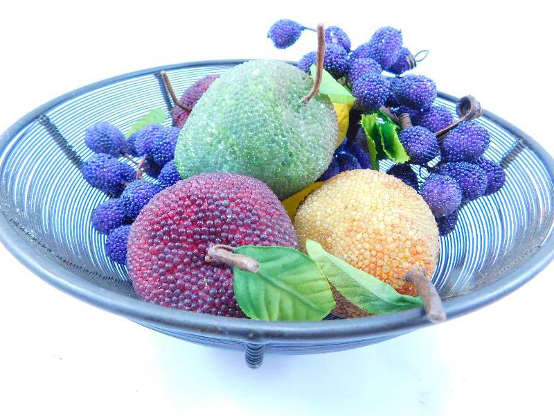 lot 41 image: Artificial Beaded Fruit, Metal Bowl, plus more