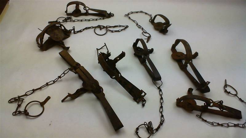 lot 46 image: Vintage Antique 8 Small Oneida Victor Animal Iron Leg Traps Hunting Rusty See photos