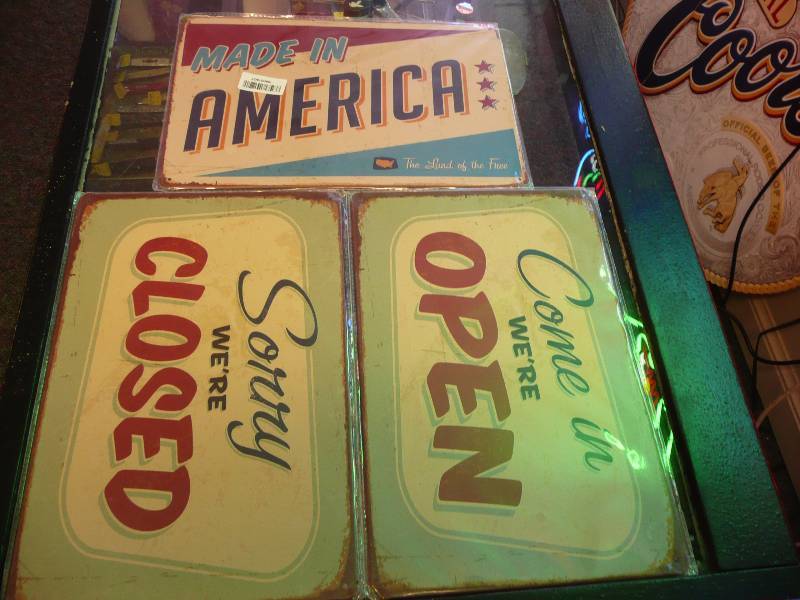 lot 36 image: 3 New Metal Signs - Open, Closed, Made In America - See Pictures