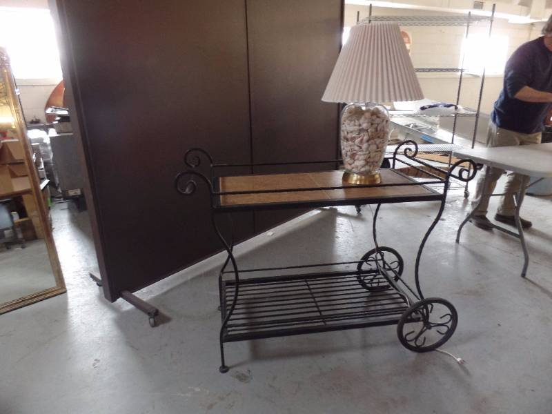 Rolling Bar Cart and Shell Lamp