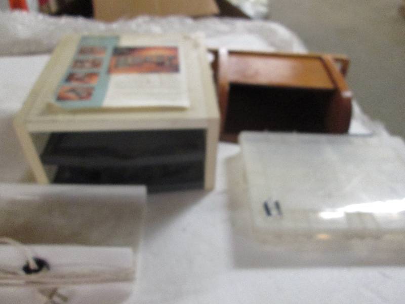 letter trays, plastic light fixture...