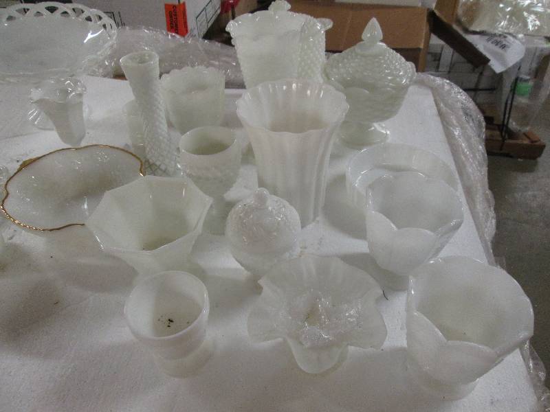 milk glass vases and bowls...