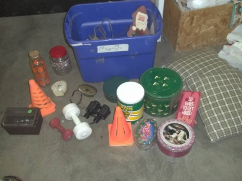 lot 47 image: Pillows, NDSU Bison tin, light bulbs, jars, other tins, blue tote and extension cords