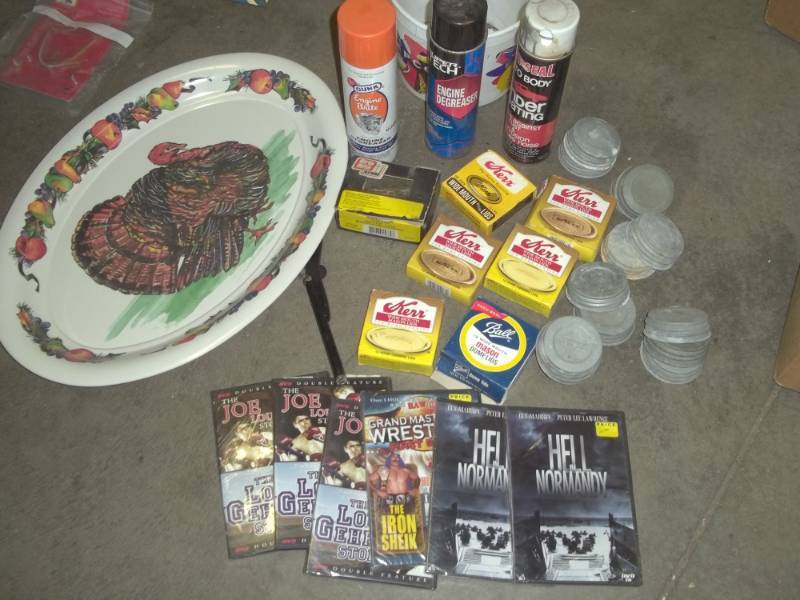 lot 52 image: Vintage canning lids, engine degreaser, turkey platter, 16d nails, movies, lighter