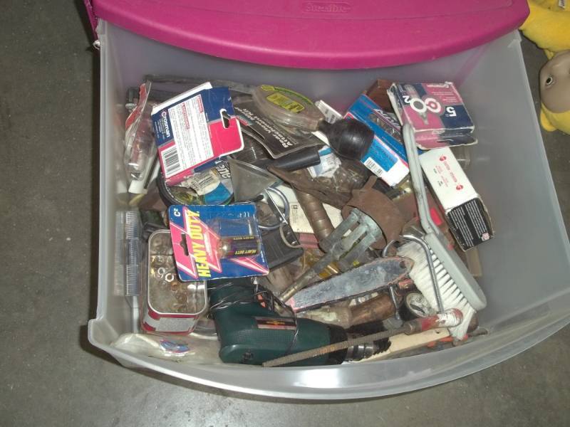 lot 59 image: Tote with tools, drill, antifreeze tester, C02 canisters, nails, brushes, etc.