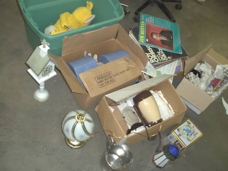 lot 63 image: Lamps, water pitcher, vintage records, glass bells, cookie jars, coffeepot, aqua green tote