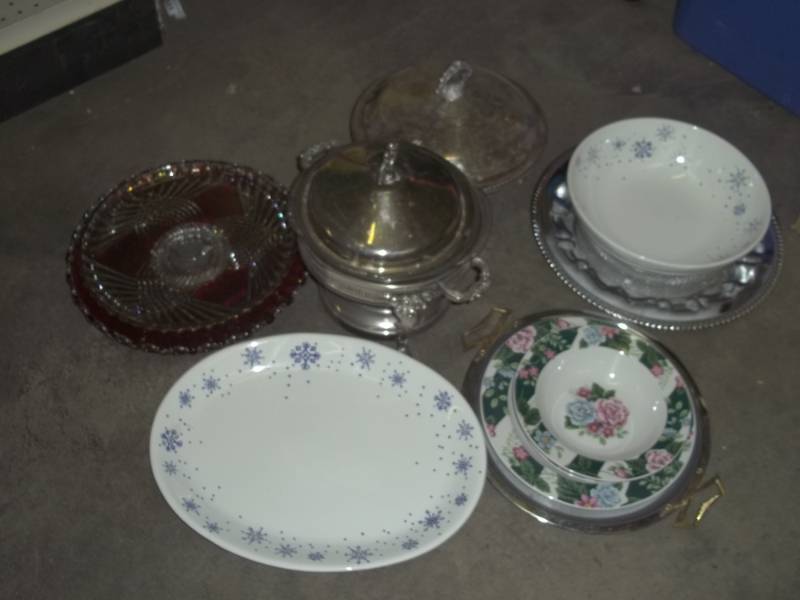 lot 65 image: Silver crock, platter, bowl, plate, dishes