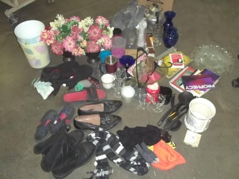 lot 80 image: Coffee Pot, artificial flowers, glass platter, cookbooks, David Jeremiah pamphlets, leather shoes, womans snow boots, assorted vases, etc.