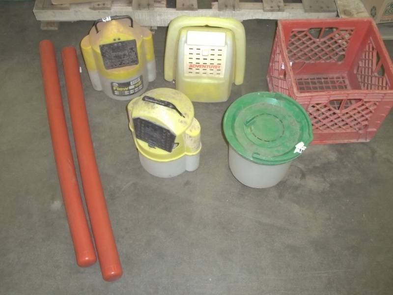 lot 114 image: 4 Minnow buckets, pipe cover, winch part and plastic basket