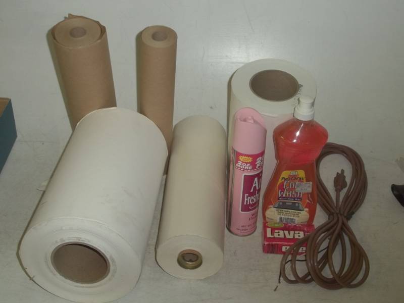 lot 177 image: Car wax, wax paper, white roll of paper, brown paper, vintage air freshener, lava hand soap, brown extension cord