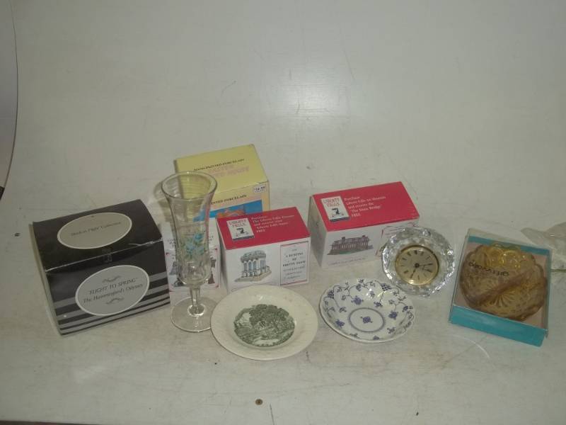 lot 246 image: Stone bridge display, pewters, wineglass, plate, glass clock, bowl, porcelain Easter lighted house