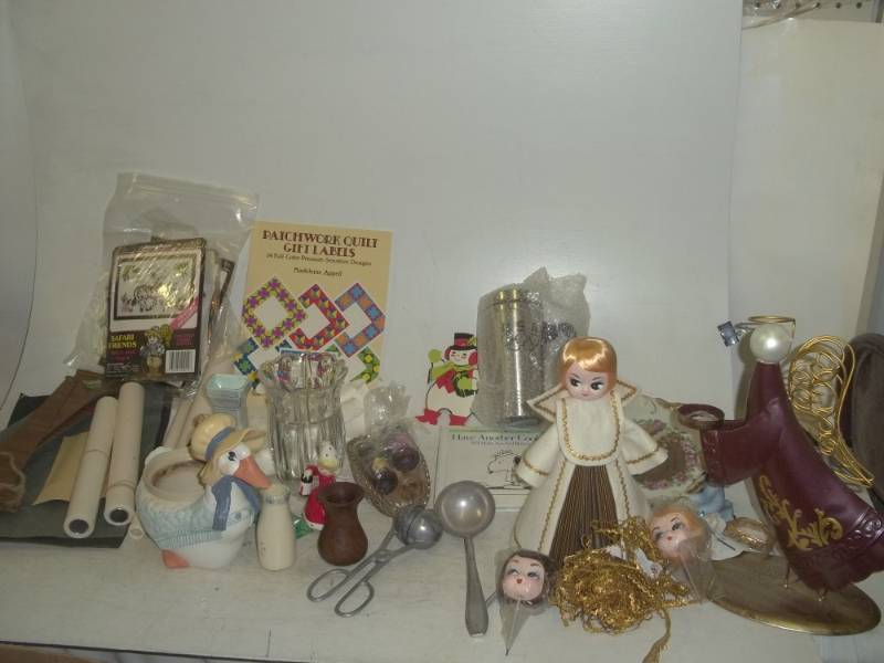 lot 304 image: Angels, craft supplies, mother goose jar, thermos, candy dish, vase