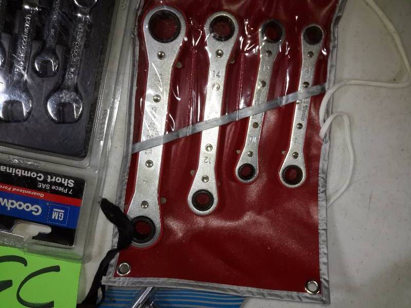 lot 33 image: Misc. Wrenches and items as pictured.. Canvas with Hard Plastic Bottom tool bag