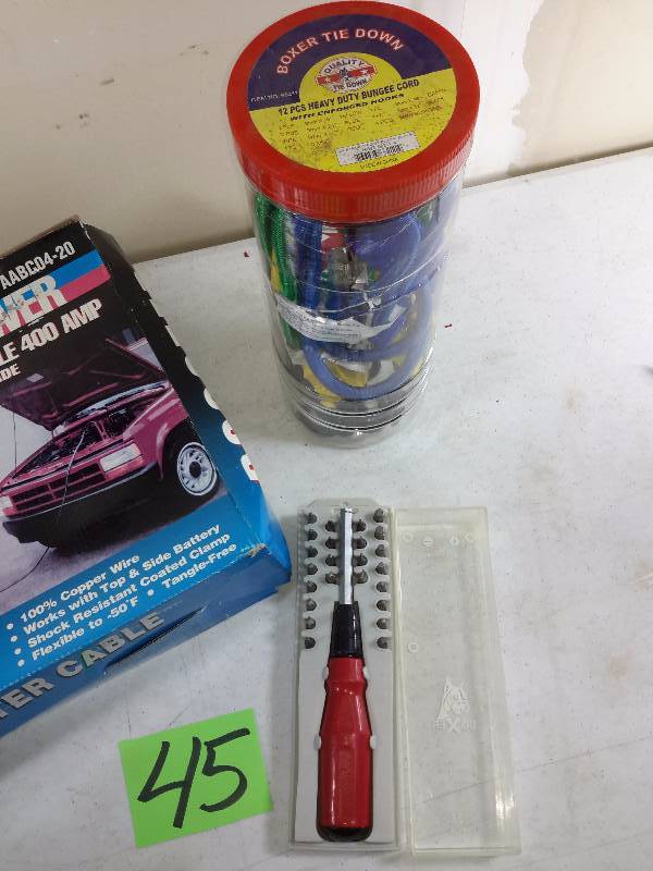 lot 45 image: Jumper Cables, Bungee Cords,  Screw Driver set