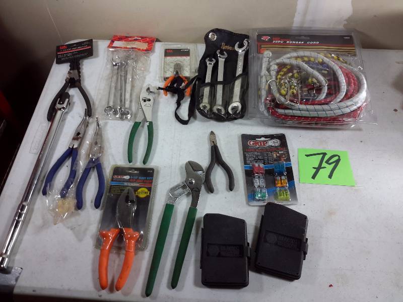 lot 79 image: Misc. Piers, Drill bits, Wrenches, A Breaker bar, Bungee Cords and other as pictured