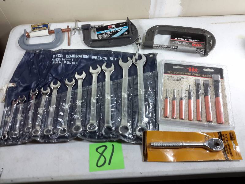 lot 81 image: Set of Combination wrenches 3 C Clamps, 7 piece punch and chisel set, ratchet