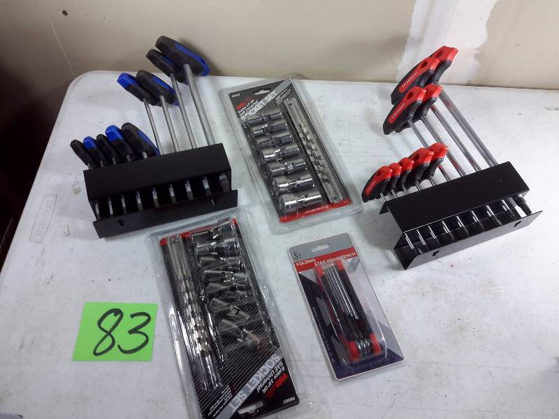 lot 83 image: 2, 8 piece 38 in Drive, SAE Universal Socket sets Folding Star Key Wrench Other items as pictured