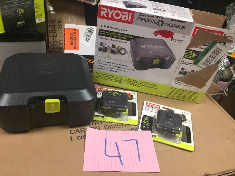 lot 47 image: Ryobi 5 Tool Carrying case, Ryobi Infrared thermometerand Ryobi Laser Distance Measure - all never used