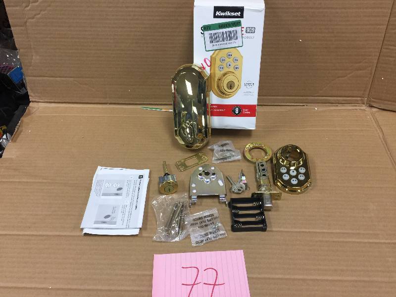 lot 77 image: Kwikset SmartCode 909 Single Cylinder Polished Brass Electronic Deadbolt Featuring SmartKey, open Box never been used Stock and actual photos used to display item