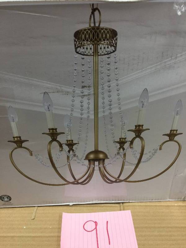 lot 91 image: Hampton Bay Estelle 6-Light Gold Hanging Chandelier HD13811L6CHPC  510534, open Box never been used Stock and actual photos used to display item