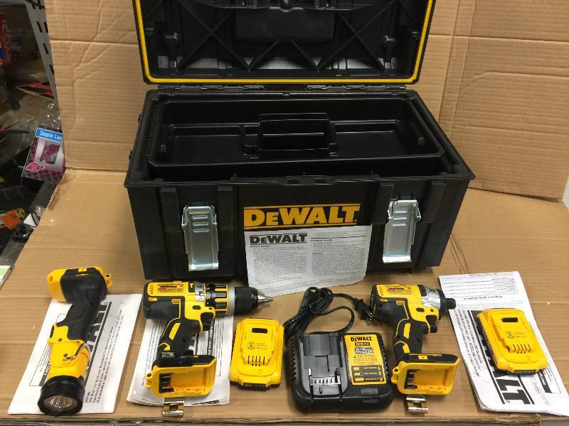 lot 101 image: Dewalt tool box and 3 pc 20 vol combo  set in like New conditions