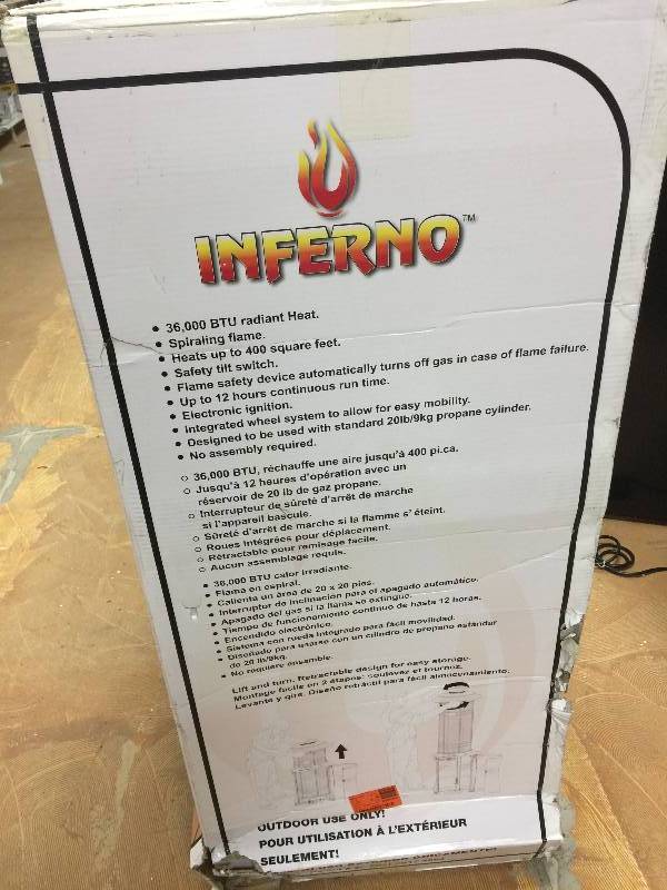lot 104 image: Inferno 36,000 BTU Retractable Propane Gas Patio Heater, open Box never been used Stock and actual photos used to display item