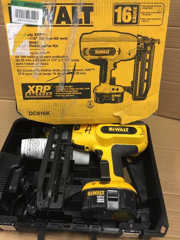 lot 108 image: DEWALT 18-Volt Ni-Cad 1-14 in. - 2-12 in. x 16-Gauge Cordless XRP Straight Nailer Kit   used in working conditions