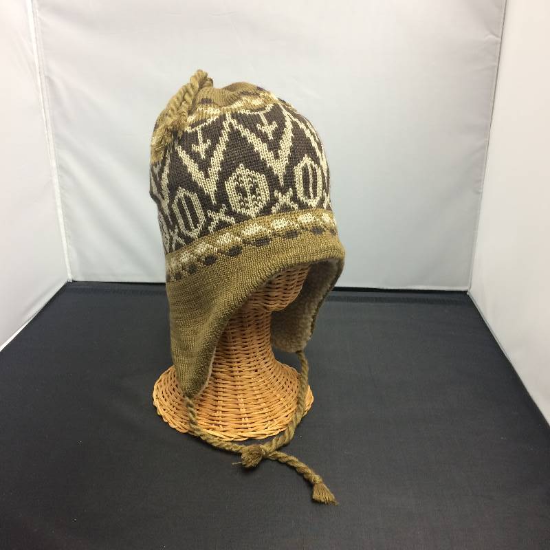 Ski Hat w Ear Flaps, Olive, Patterned