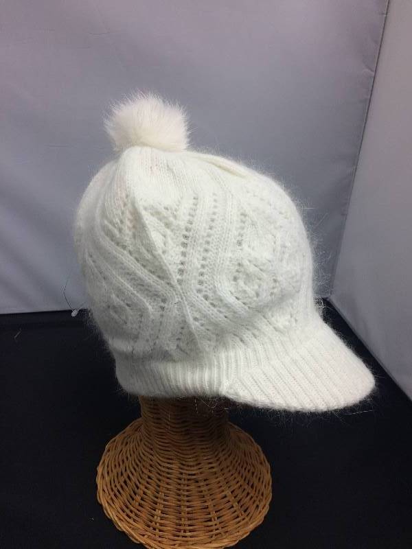 Knit Womens Fashionable Winter Hat, White with Pom