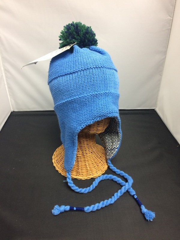 Blue Ski Hat w Ear Flaps & Pom. Thick Warm