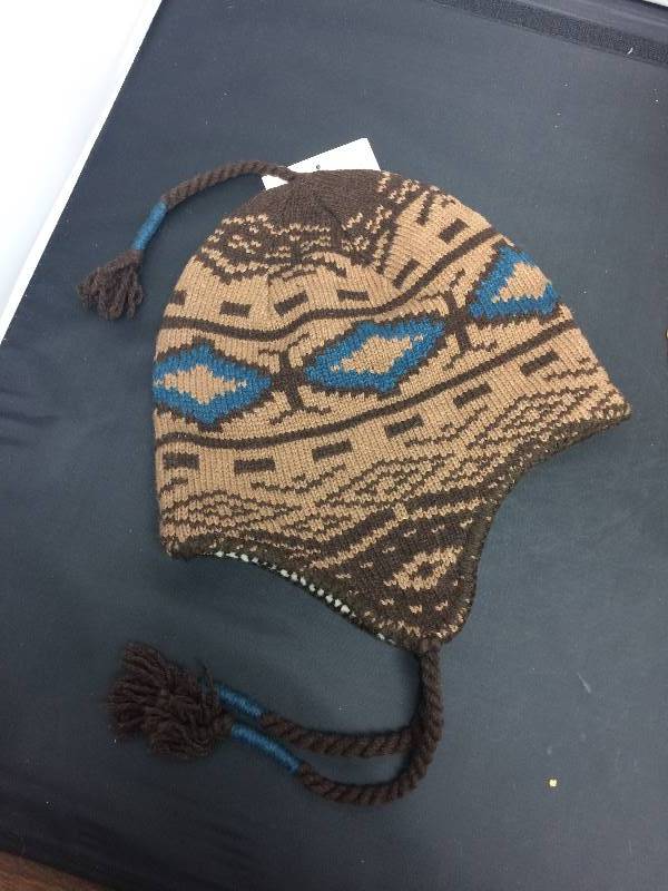 Ski Hat w Ear Flaps, brown & blue patterned
