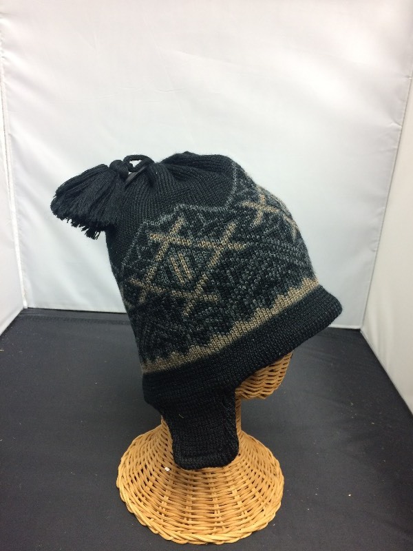 Winter Ski Hat w Ear Flaps, greys & black patterned