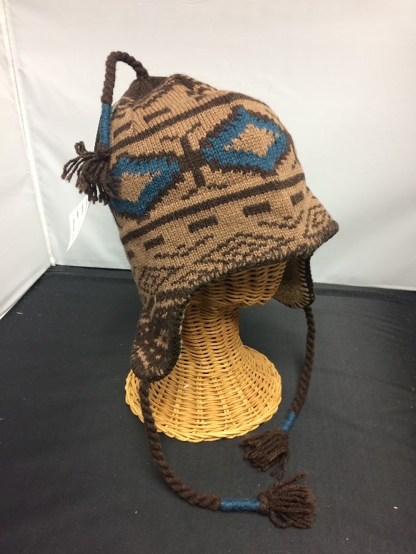 Ski Hat w Ear Flaps, brown & blue patterned