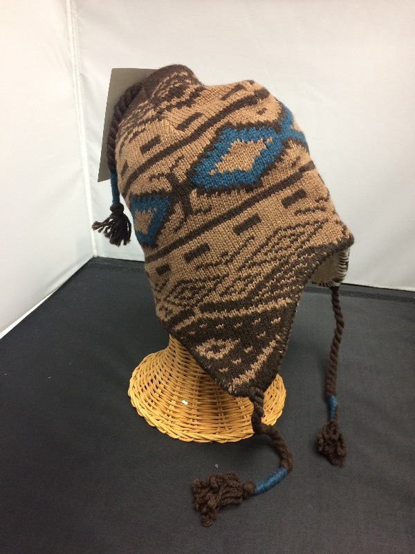 Ski Hat w Ear Flaps, brown & blue patterned. Thick lining.