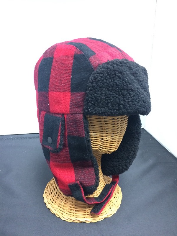 Trapper Hat, Red Plaid w velcro chin strap