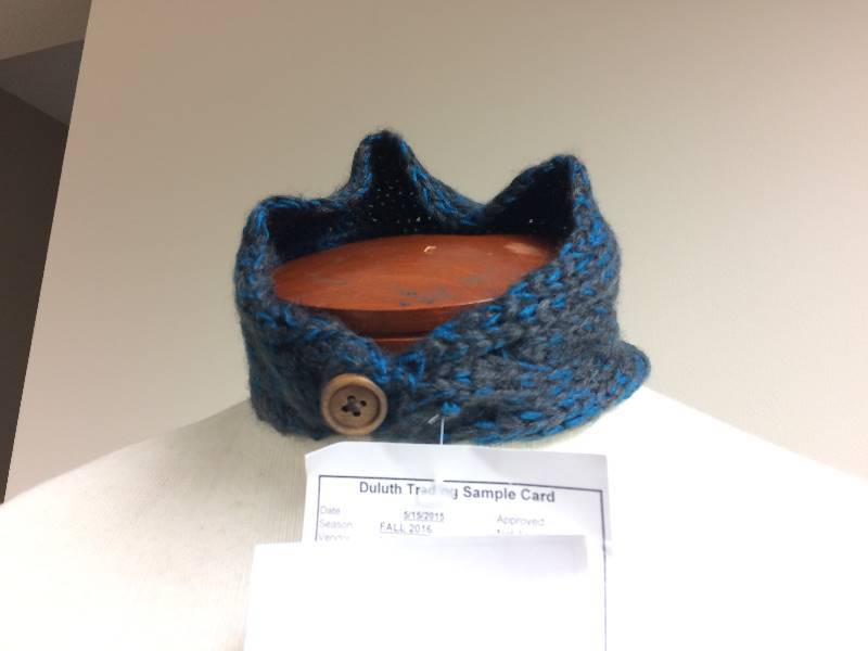 Fashionable Knitted Neck Scarf, blue & dark grey w button