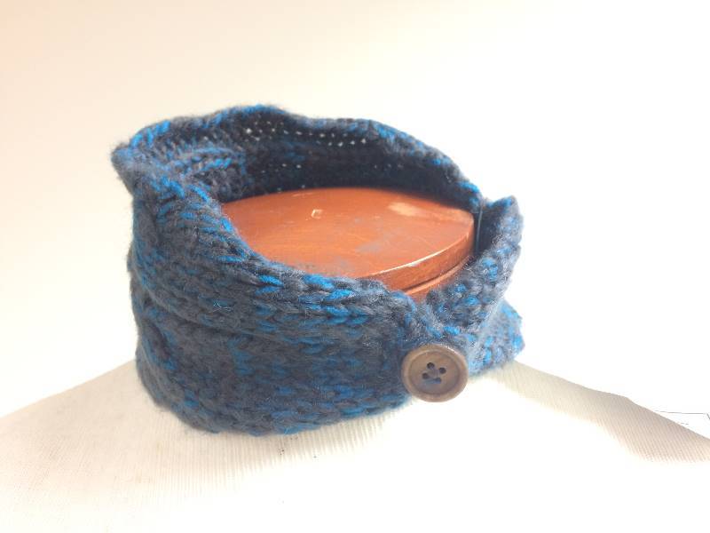 Winter Neck Scarf, blue & dark grey w button