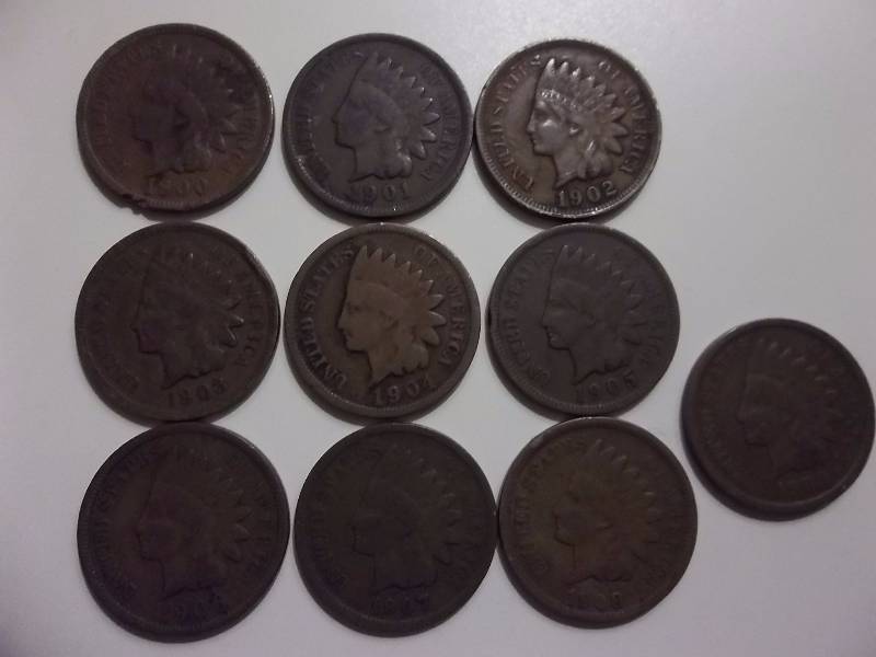 1900, 1901, 1902, 1903,  1904, 1905, 1906, 1907, 1908, 1909  Indian Head Cents Better Grades Most With Full Liberty