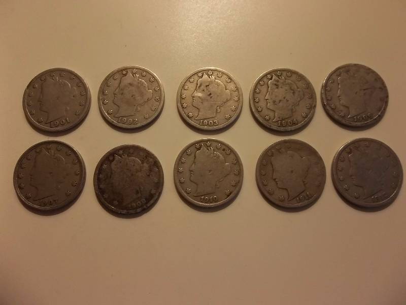 1901, 1902,1903, 1904,1906, 1907,1908, 1910, 1911, 1912 V-Nickels