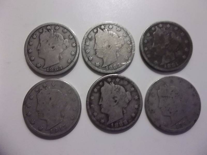 1883, 1883 wo Cents, 1884, 1887, 1888, 1893 V-Nickels