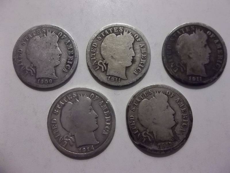 1909, 1911, 1911, 1914, 1915 Barber Dimes