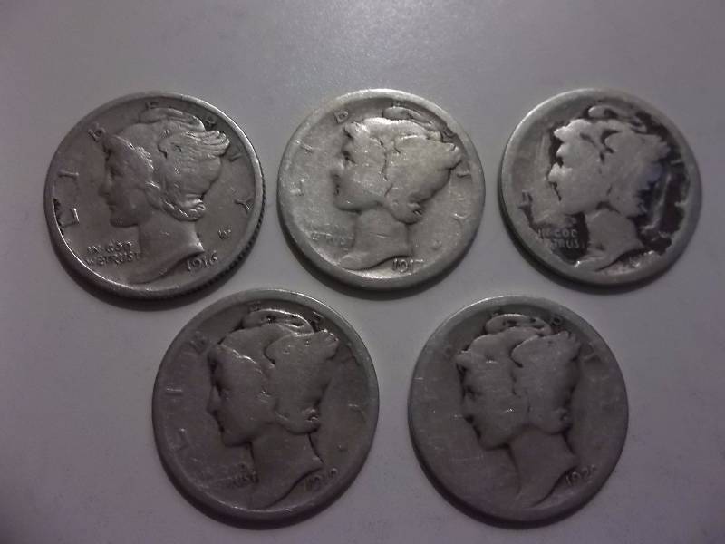1916, 1917, 1918, 1919, 1920 Mercury Dimes