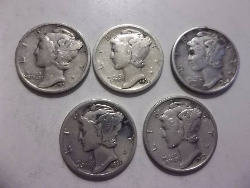 1931, 1934, 1934 D, 1935 S, 1938 S Mercury Dimes Better Grade