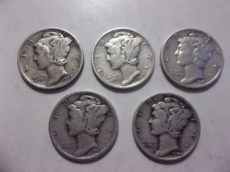 1939, 1939 D, 1941 S, 1943 S, 1944 Mercury Dimes Better Grade
